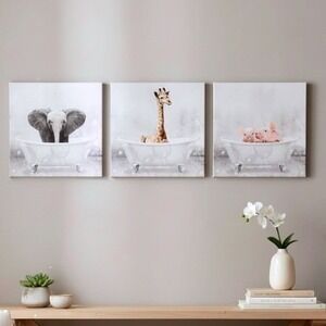 Baby Animals in Bathtub Canvas Wall Art Set of 3 Elephant Giraffe Pigs 12x12